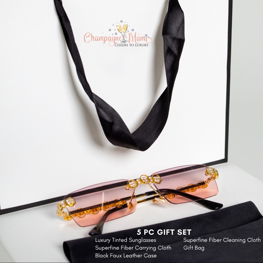 Rimless Rhinestone Luxury Pink Bling Sunglasses & Case 5Pc Gift Bag Set